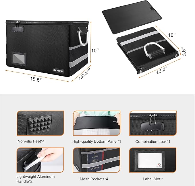 BALAPERI Fireproof Document Box with Lock, Portable File Box with Handle, Locking File Organizer Storage Box for Legal/Letter Size Hanging Folders, Collapsible,16.1" x 12.9" x 11"