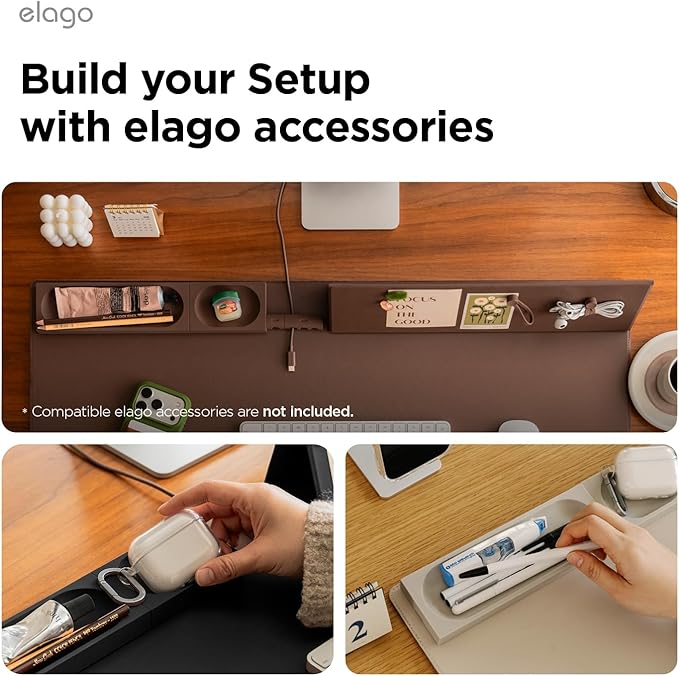 elago Smart Magnetic Desk Mat Pencil Tray – Soft Silicone Organizer for Office Supplies, AirPods, Glasses, Pens – Noise-Free, Non-Slip, Washable, Item for Desk Management [Medium-Small Set] (Stone)