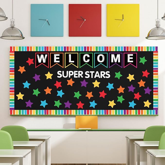 JarThenaAMCS 83Pcs Welcome Banner Bulletin Board Decoration Super Stars Paper Cutouts with 200Pcs Glue Points Colorful Bulletin Border Stickers for Back to School Office Home Decor
