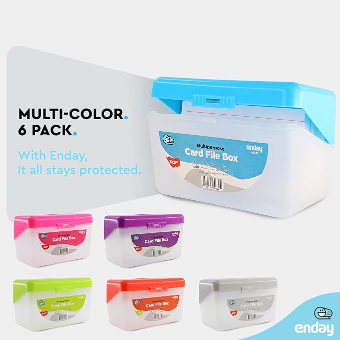 Enday Index Card Box Multicolor 3x5 Index Card Holder, Index Card Organizer, Flash Card Holder, Holds 250 Cards. (6 Pack)