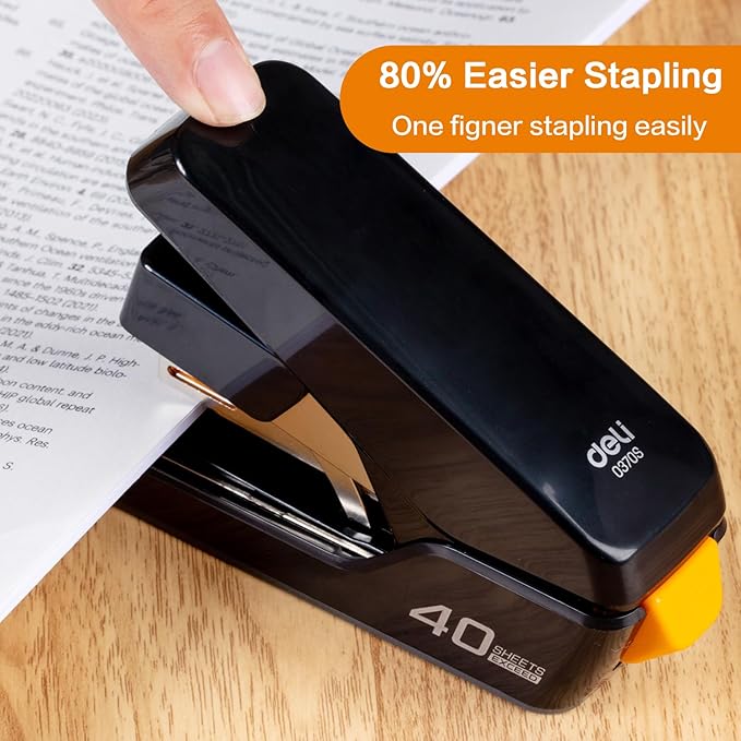 Deli Stapler, Effortless Staplers for Desk, 40 Sheet Capacity Heavy Duty, One Touch, No Effort, Easy to Load,with 2000 Staples & Staple Remover, Good for Office, Home Use, Black (Pack of 2)