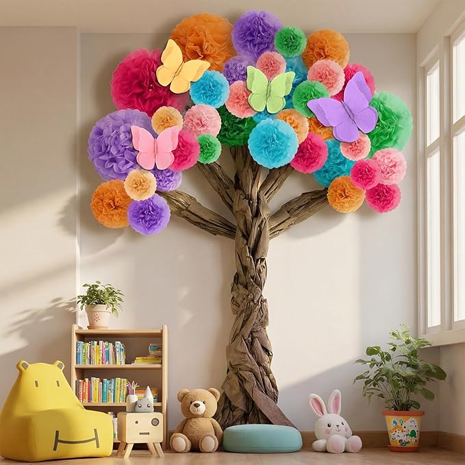 Pasimy 3D Cardboard Tree for Classroom Wall Bulletin Board - DIY Blooming Tree with Paper Pom Poms Pastel Butterflies Kraft Crafts for Kindergarten Preschool Elementary Daycare School Decorations