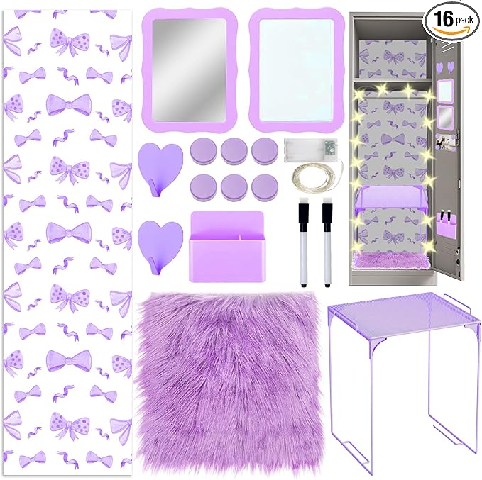 16 Pcs Locker Accessories Kit Purple Locker Organizer Decorations Include Bow Wallpaper String Light Magnetic Whiteboard Mirror Storage Cup Marker Rug Organizing Shelf for Back to School Supply