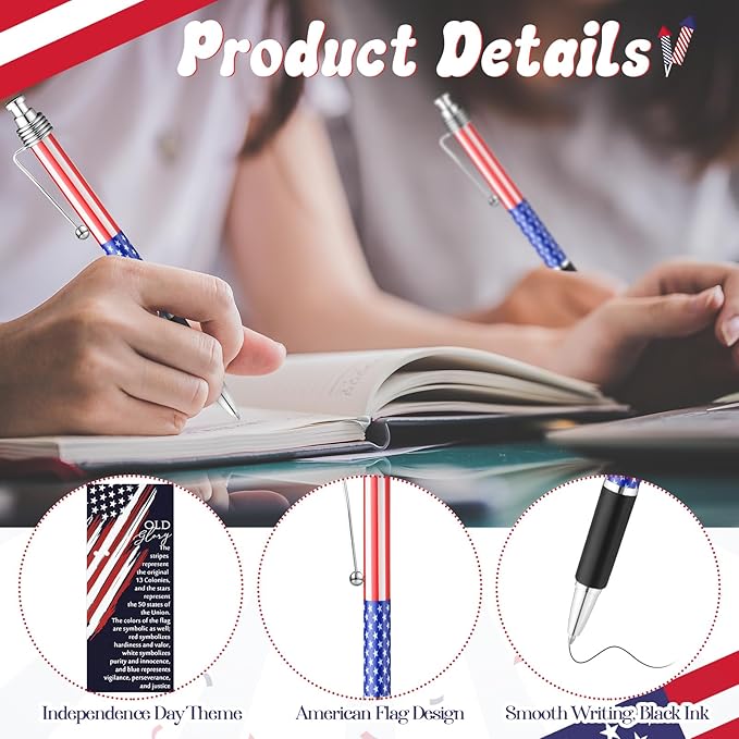 24 Sets American Flag Ballpoint Pens Bulk USA Patriotic Themed Black Ink Retractable Pen Stars Stripes Bookmarks Stationery 250th Anniversary Souvenirs for Memorial Day Veterans Home Office Army