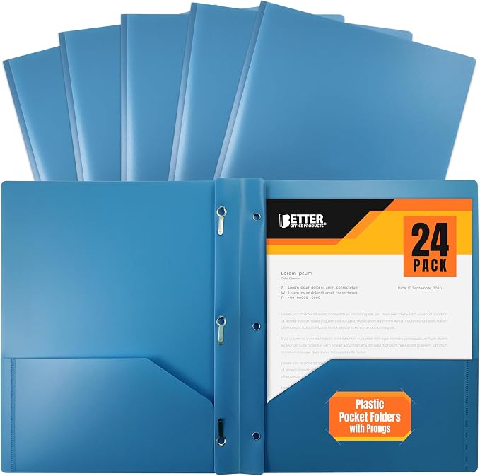 Better Office Products Light Blue Plastic 2 Pocket Folders with Prongs, 24 Pack, Heavyweight, Letter Size Poly Folders with 3 Metal Prongs Fastener Clips, Light Blue