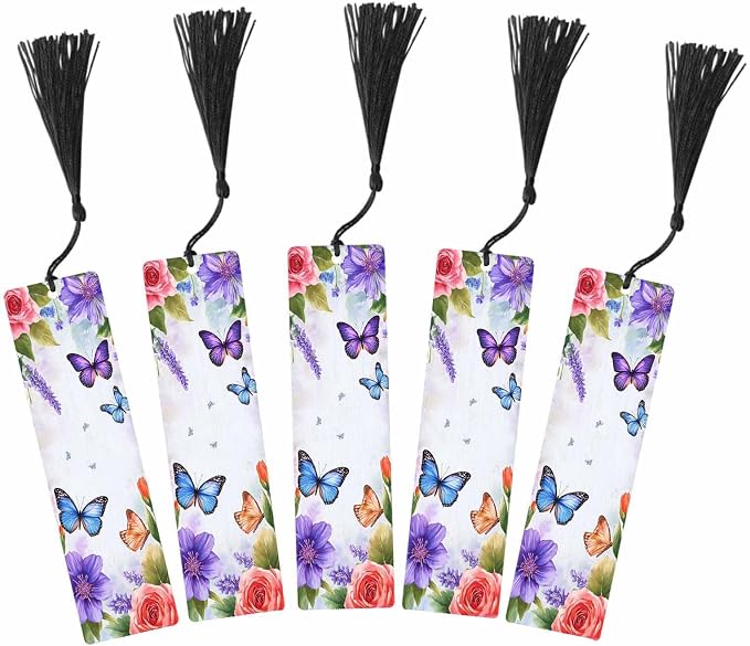 Purple Butterflies Bookmarks Set 5 with Tassels Insect Blue Pink Wooden Bookmarks for Reading Women Men Students Teachers School Supplies