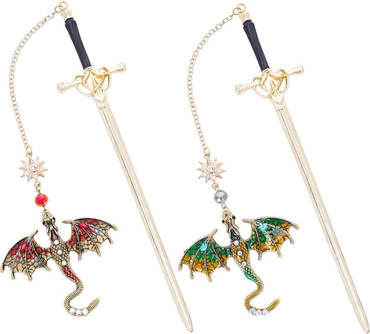 Dragon Sword Metal Bookmarks - 2 PCs Fantasy Book Marks Gifts for Reading Cool Red Green Page Makers Merch for Men Boys Kids Novel Fans Lovers Readers Bookish Birthday School Accessories