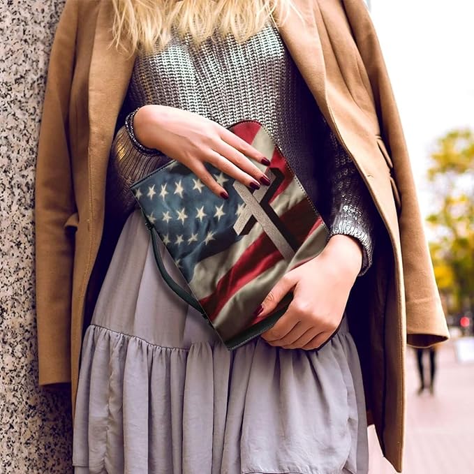 XL Bible Cover Case for Women Men American Flag and Cross PU Leather Bible Case with Bookmark Church Bag Book Carrying Case Bible Cover for Women Men Bible Case for Men Women
