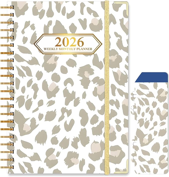 2026 Planner, Jan.2026 - Dec.2026 Planner Weekly and Monthly 6.25"x8.5" with with Page Tabs, Calendar Hardcover with Inner Pocket, Elastic Band, Twin-Wire Binding, Bookmark, Gray Pink Leopard