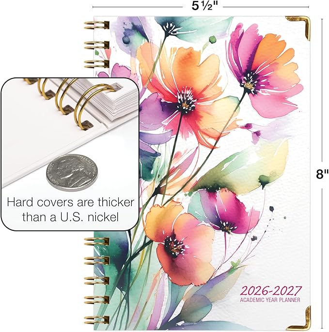 HARDCOVER Academic Year 2026-2027 Planner: 14 Months (May 2026 Through June 2027) 5.5"x 8" Daily Weekly Monthly Planner Yearly Agenda. Bookmark, Pocket Folder and Sticky Note Set (Rainbow Floral)