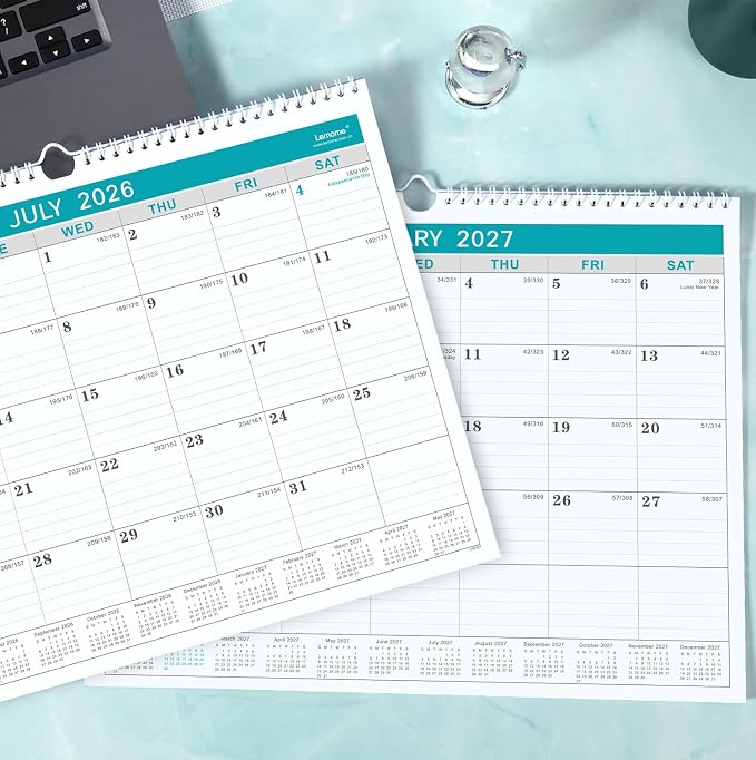 Lemome Calendar 2026-2027 Office Home Planning & Organizing, July 2026 to December 2027, Thick Paper, Julian Date, Large Monthly Wall Hanging Spiral Planner for Family and Work - Green 11.5" x 14.6"