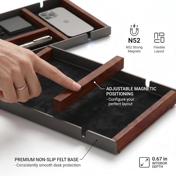 Magnetic Desk Organizer — Your Order Freely Defined — Modular EDC Valet Tray for Desk & Drawer — Premium Modern Catch-All Tray for Office Workspace Home Décor & Tech Storage