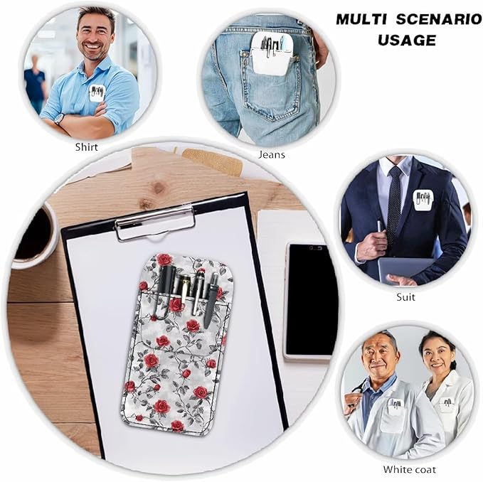 chaqlin Rose Flower Print Pocket Protector, Leather Pen Pouch Holder Organizer for Lab Coats/shirts/pen Note, Pencil Pocket Holder for Office Hospital Supplies