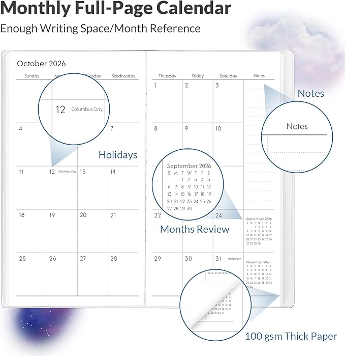 Phyxin Pocket Calendar 2025-2027, Two Year Pocket Planner - Runs From Jul 2025 Until Dec 2027, Small Size Planner - 6.7" x 3.7", Small Calendar for Easy Organizing, Sky