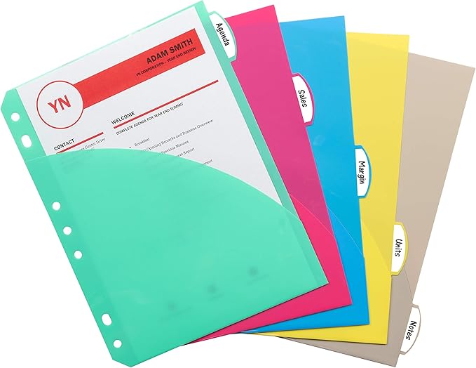 C-Line Mini Size 5-Tab Poly Index Dividers with Pockets, for 5.5 x 8.5, 6 x 9 and 8.5 x 11 Binders, Assorted Colors, One 5-Tab Set (03750)