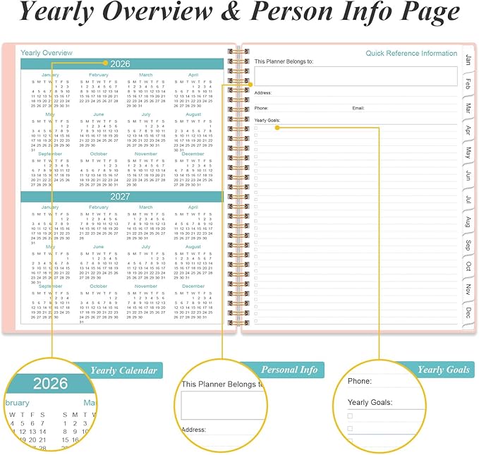 Planner 2026 For Women & Men - Monthly and Weekly Calendar Planner from January 2026 - December 2026, Student Planning with 12 Tabs for Office School Supplies, Inner Pocket, 8.5" x 11", Pink