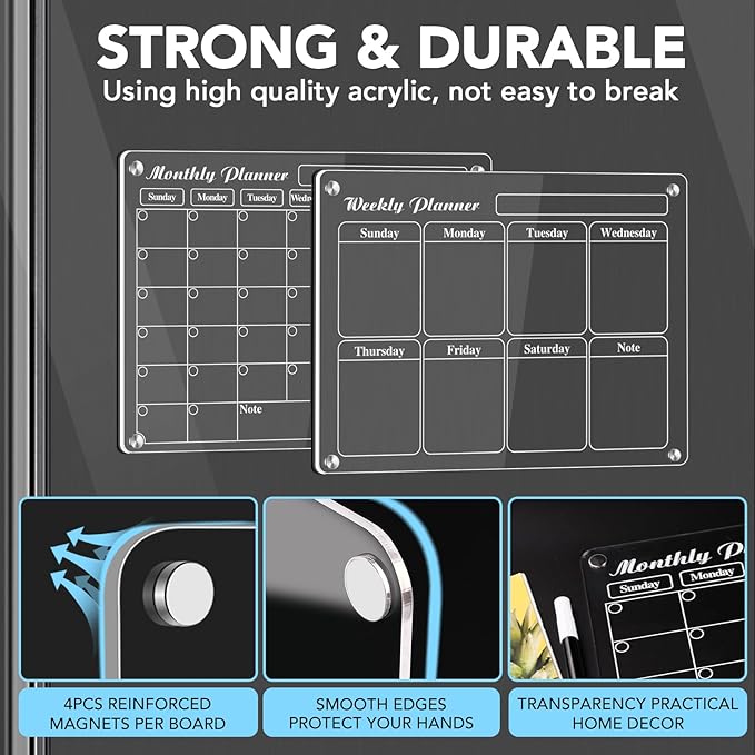 MIKEDE 2 Pack Acrylic Magnetic Calendar for Fridge, 15.2"x11.2" Reusable Dry Erase Magnetic Board with 6 Color Highlight Markers, Monthly and Weekly Planner with Strong Fridge Magnets for Refrigerator
