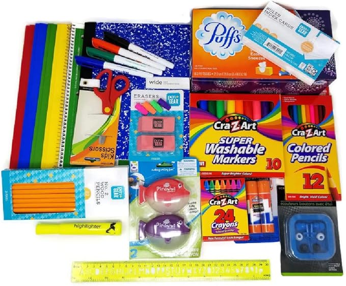 Back to School Supplies Bundle with Tissue, Markers, Pencils, Sharpeners, Crayons, Erasers, Glue Sticks, Earbuds, Paper Folders, Ruler, Ruled Index Cards, Scissors and Notebooks (20 Items)