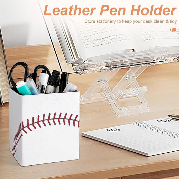 Baseball Ball Square Leather Pen Holder, Minimalist Desk Organizer for Office Home School, Pencil & Stationery Storage Box, Gift for Students Teachers Colleagues