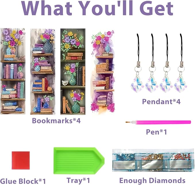 4 PCS Book Diamond Art Bookmarks for Adults, Bookshelf Diamond Painting Bookmarks with Pendant, 5d Gem Art, Acrylic Bookmark DIY Crafts for Books Decor Gift