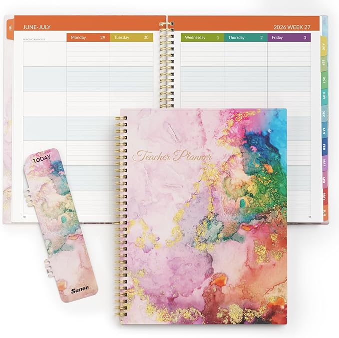 SUNEE Teacher Planner 2026-2027 Academic Year, 7 Periods Lesson Plan Book Jul 2026 - Jun 2027, 8.5"x11" Weekly Vertical Layout Monthly Organizers with Calendars, Bookmark, Waterproof Cover,Pink Marble
