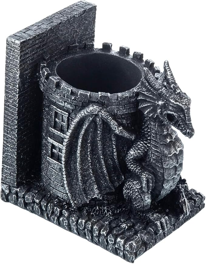 Bookends Dragon, Gothic Black Resin Dragon Guarding Castle Pencil Cup Bookends, Office Desk Book Ends with Decorative Fantasy Dragons and Stone Tower Pen Holders, 1 Pair