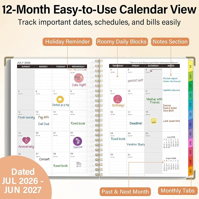 Academic Planner 2026–2027, A4 Hardcover Weekly Monthly Planner, Large 8.5" x 11" School Year Planner July 2026 to July 2027, with Bookmark, Pocket Folder and Sticky Notes, Smiley Face
