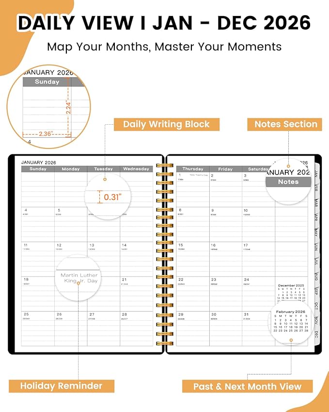 2026 Planner Weekly and Monthly, HZZHE 8.8"x11.5" Large Spiral Yearly Notebook with Jan.2026-Dec.2026 Calendar, Water Resistant Cover, Monthly Tabs, Daily Organizer for School Office Supplies - Black A4 100GSM 140P