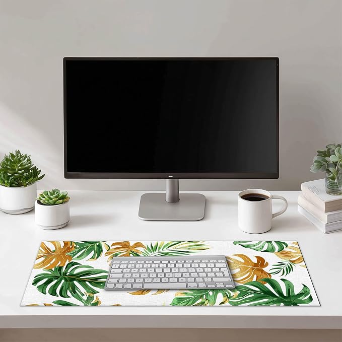HOMETITUTE XL Mouse Pad 31.5 x 11.8 Inch Tropical Green and Gold Palm Leaf Desk Mat Extended Large Mousepad Non Slip Waterproof Desk Pad Keyboard Mat for Office Home Computer Accessories