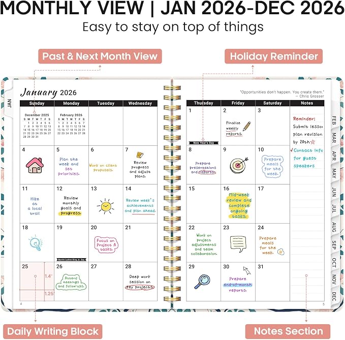2026 Planner, Weekly and Monthly Calendar Planner Book, January 2026 - December 2026, Hardcover Spiral Planner with Monthly Tabs, Notes Pages, Perfect for Women & Men, A5 (6.4" x 8.5") - Peacock