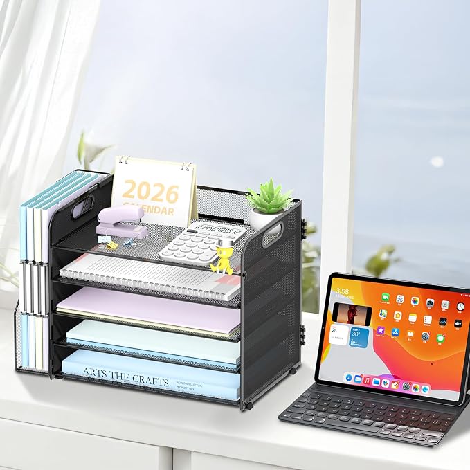SUPEASY 5-Tier Desk Organizer with File Holder, Desk Organizers and Accessories, Paper Organizer for Desk, Mesh Desktop File Organizer, Workspace Organizers for Office School Home, Black