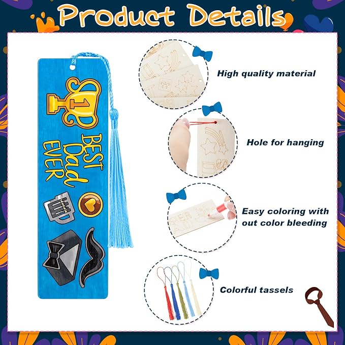 AmazingSpark 100 Pcs Father's Day Wood Bookmarks Bulk DIY Crafts Kit, 50 Set Blank Coloring Bookmarks with Tassel for Dad Grandpa Father's Day Gifts Classroom Activity Party Favor