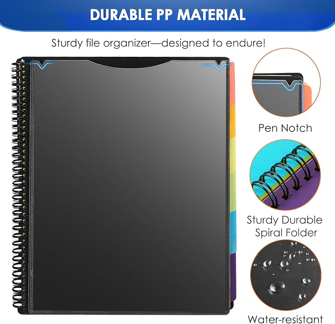 KTRIO 12 Pocket Project Organizer, Letter Size Spiral Binder,Black | 12 Pocket Storage,Letter Size Fit,Water-Resistant Poly,Zip Pouch Included,Writable Color Tabs