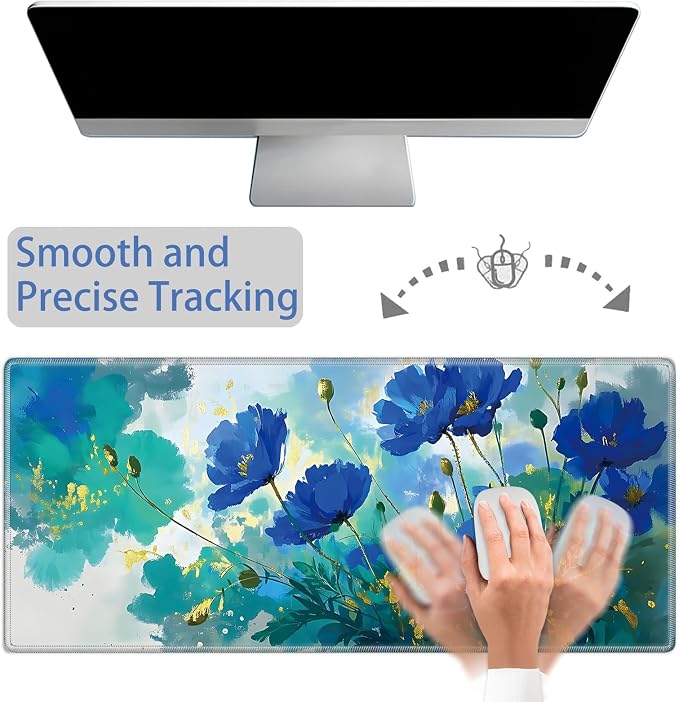 Mouse Pad Gaming Mousepad 31.5x11.8 Inch XXL Large + Coasters,Desk Mat with Stitched Edges, Non-Slip Rubber Base, Thick Mouse Pad for Computer, Laptop, Office & Home - Blue Flower