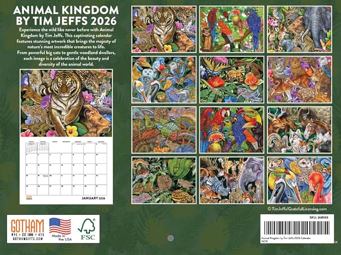 Wild Animals Family by Tim Jeff Calendar 2026 Monthly Wall Calender 12 Month | American Made In The USA