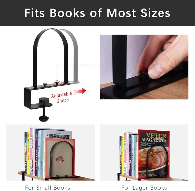 WOMACO Book Ends for Heavy Books, Heavy Duty Bookend for Shelves, Super Steady Clamp-On Non-Skid Metal Book Shelves Holders Stoppers for CDs, Vinyl Records (Black, 4 Pairs)