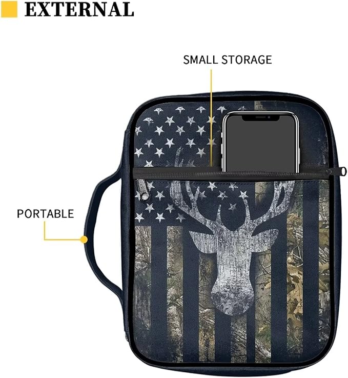 Suobstales Deer Bible Covers for Women Men Bible Case Camo American Flag Bible Bag Bible Accessories with Handle and Zippered Pocket Bible Tote Bag for Kids