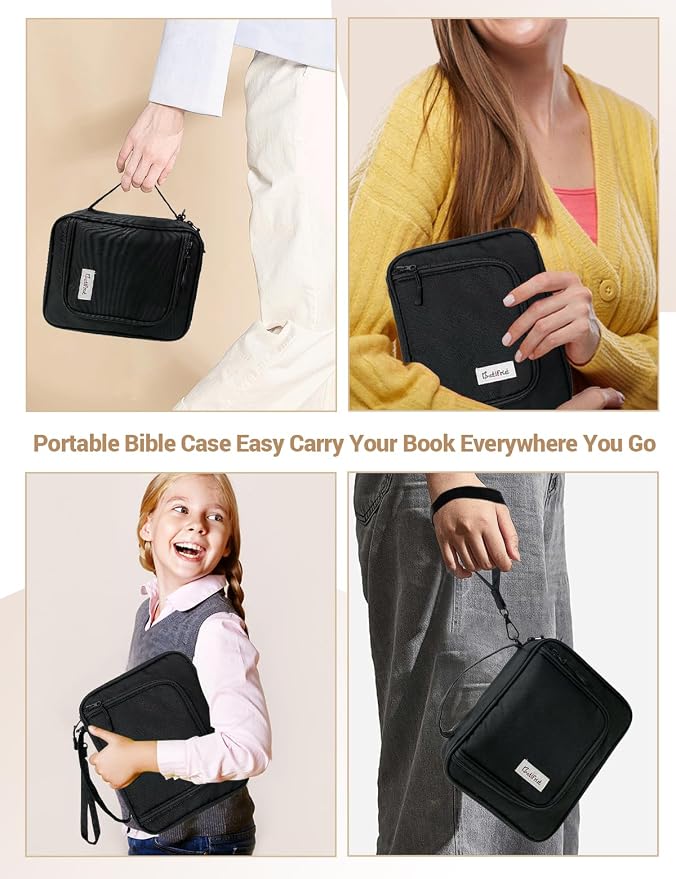 Black Bible Cover Case for Men,Church Study Book Bible Bag, Bible Carrying Bag with Pockets for Bible Accessories, Bible Case with Zipper Christian Gifts fits Bible Size Up to 9.5"x8"x2"