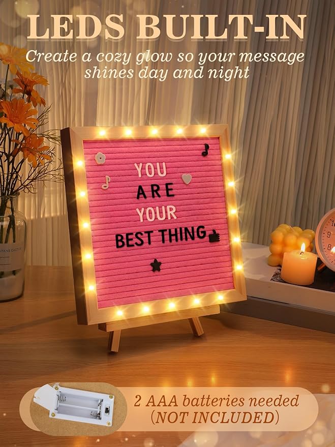 Changeable Felt Letter Board with LED Lights - 10''×10" Message Custom Signs & Wood Stand & 450 Letters, Poster Board for Baby/Pregnancy Announcement/Classroom Wall Decor Gifts, Pink