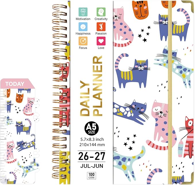 2026-2027Academic Planner, Weekly and Monthly Planning Book，Calendar Planner July 2026 - June 2027, Hardcover Teacher Student Planning Agenda book with Tabs, A5 (6.3" x 8.4"), School Organizer for Student Teacher(Cute kittens)