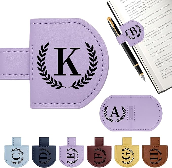 Personalized Magnetic Bookmark Pen Holder, Leather Book Marks for Reading Women& Men, Engraving 26 Letters Name Initial Bookmarks with Pencil Pen Holder, Gift for Book Lovers, Readers (Purple, K)