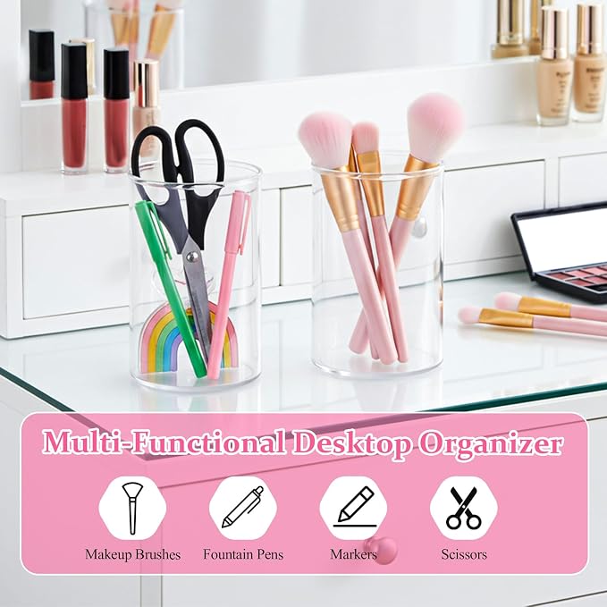 2 PCS Round Acrylic Pen Holder, Cylinder Container Organizer, Pencil Holders, Clear Round Makeup Brush Holder, Desk Accessories for Cosmetics, Toothbrush, Crayons, Utensils