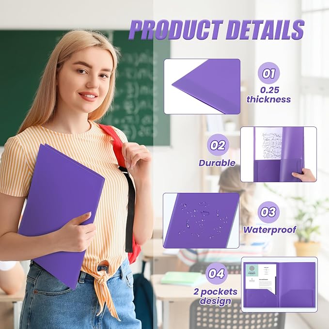 Gueevin 100 Pack Plastic Folder with Pockets, 2 Pocket Folders, Plastic Glossy Folders Fit Letter Size Paper, Heavy Duty Durable File Folder with Business Card for Home Office School (Purple)