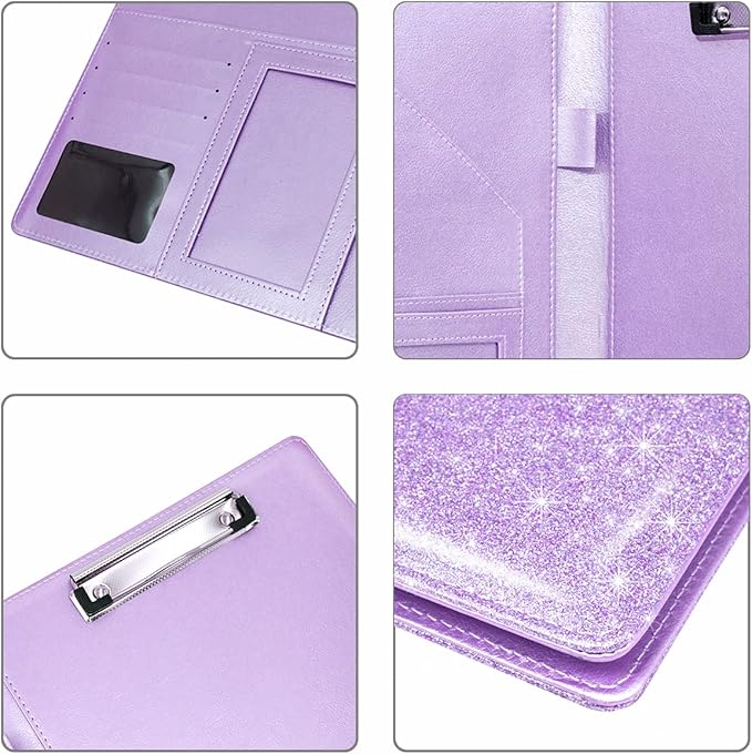 Padfolio/Resume Portfolio Folder for Women,WAVEYU Cute Pink Padfolio Cover Folder, Conference/Legal Document Organizer with Letter/A4 Size Clipboard, Document Sleeve,Glitter Purple