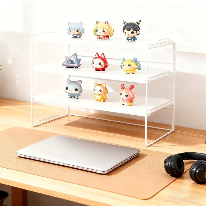 PowerKing Desk Shelf Organizer, 3-Tier Desktop Shelves with Wood Board, Adjustable Bookshelf Storage Rack for Home Office School Study Room (White Frame + White Wood)