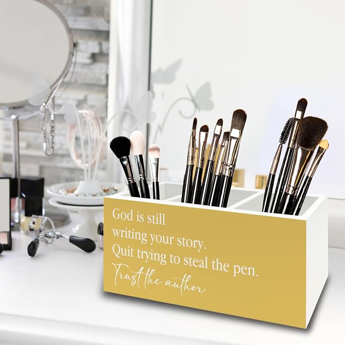 Yellow Christian Inspirational Pen Pencil Holder Organizer for Desk, Christian Office Decor, God Is Still Writing Your Story Bible Verse Wooden Box Sign for Office Home Desk Tabletop Decorations