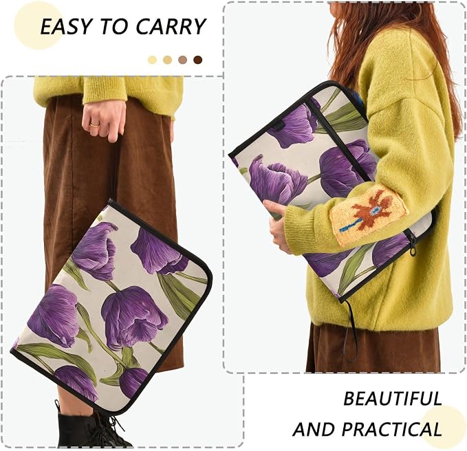Expanding File Folder Purple Tulips Pattern Accordion File Organizer 13 Pockets Document Organizer with Zipper Labels A4 Letter Office Storage