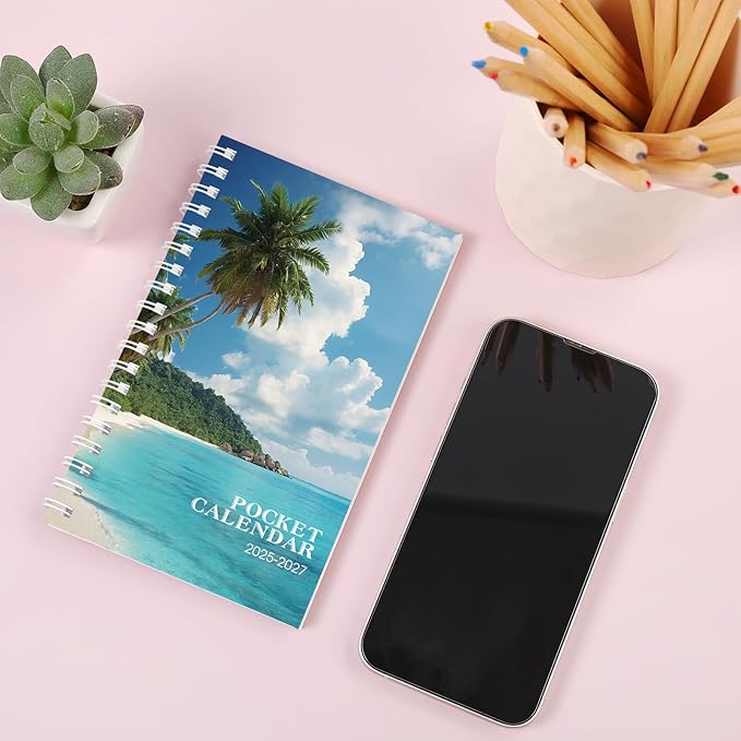 Pocket Calendar 2025-2027, Beach Small Calendar 2026-3.7" x 6.7" for Purse, Runs from July 2025 Until December 2027, Monthly Planner 2026 with Coil Organizing & Planning