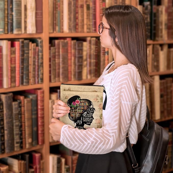 Vintage Girl Love Books Book Sleeve Gifts for Librarian Book Lovers Bookish Friends Teachers with Zipper & Handle, Book Cover Gifts for Book Club Bookworm Women Birthday Graduation Reading Day