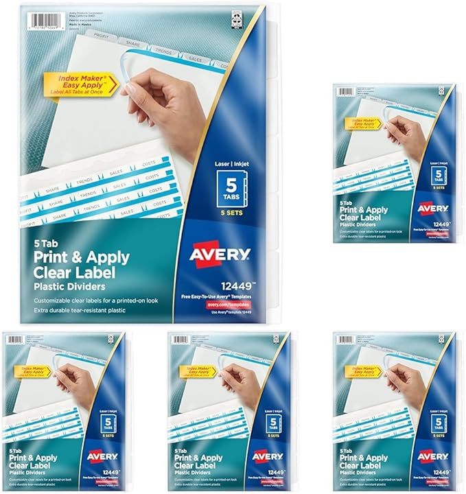 Avery 5 Tab Plastic Dividers for 3 Ring Binder, Easy Print & Apply Clear Label Strip, Index Maker Customizable Frosted White Tabs, 5 Sets (12449) (Pack of 5)